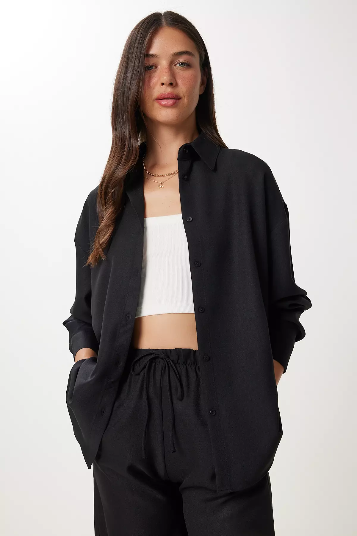 Women's Black Linen Shirt Pants Suit Pb00051