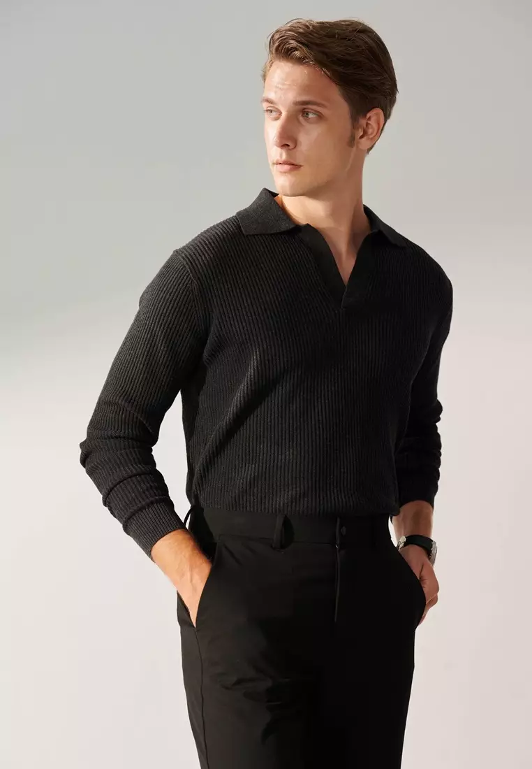 Dark Gray V-neck Vertical Stripe Textured Knitted Sweater