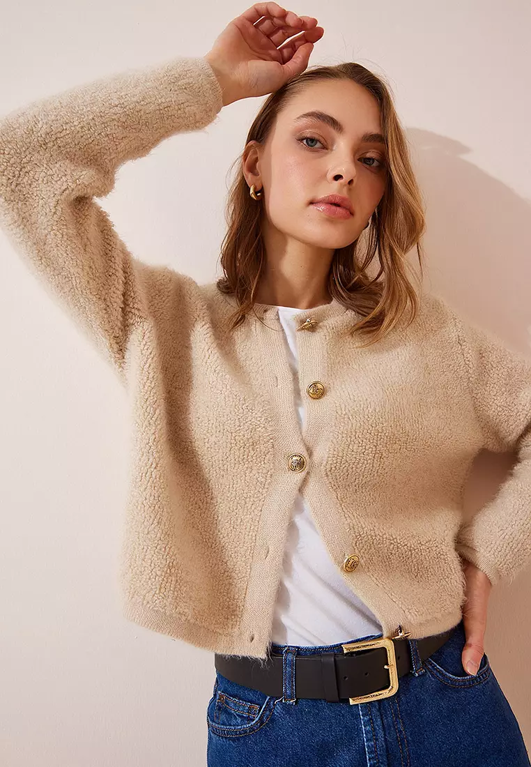 Cream boucle knit crop cardigan