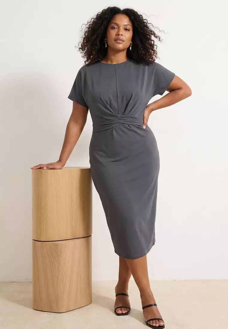 Buy Trendyol Anthracite Straight Cut Tie Detail Slit Maxi/Long 100% Cotton Knitted Plus Size Dress 2026 Online