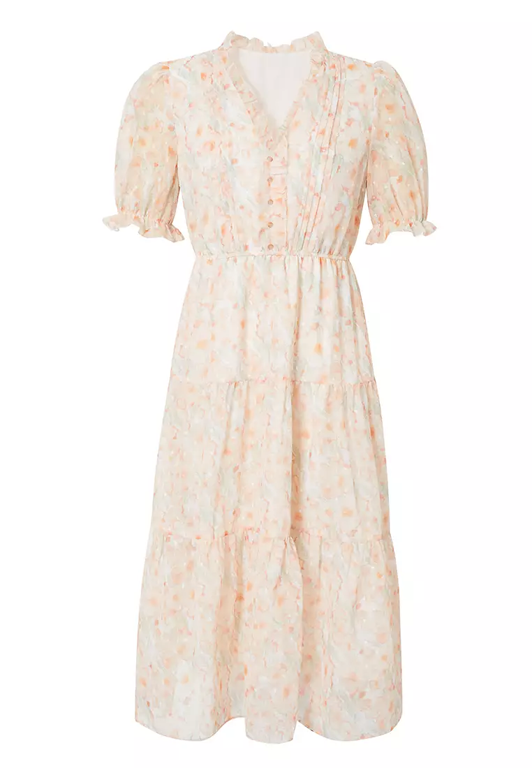 Ruffled Sleeve and Collar Tiered Floral Midi Dress