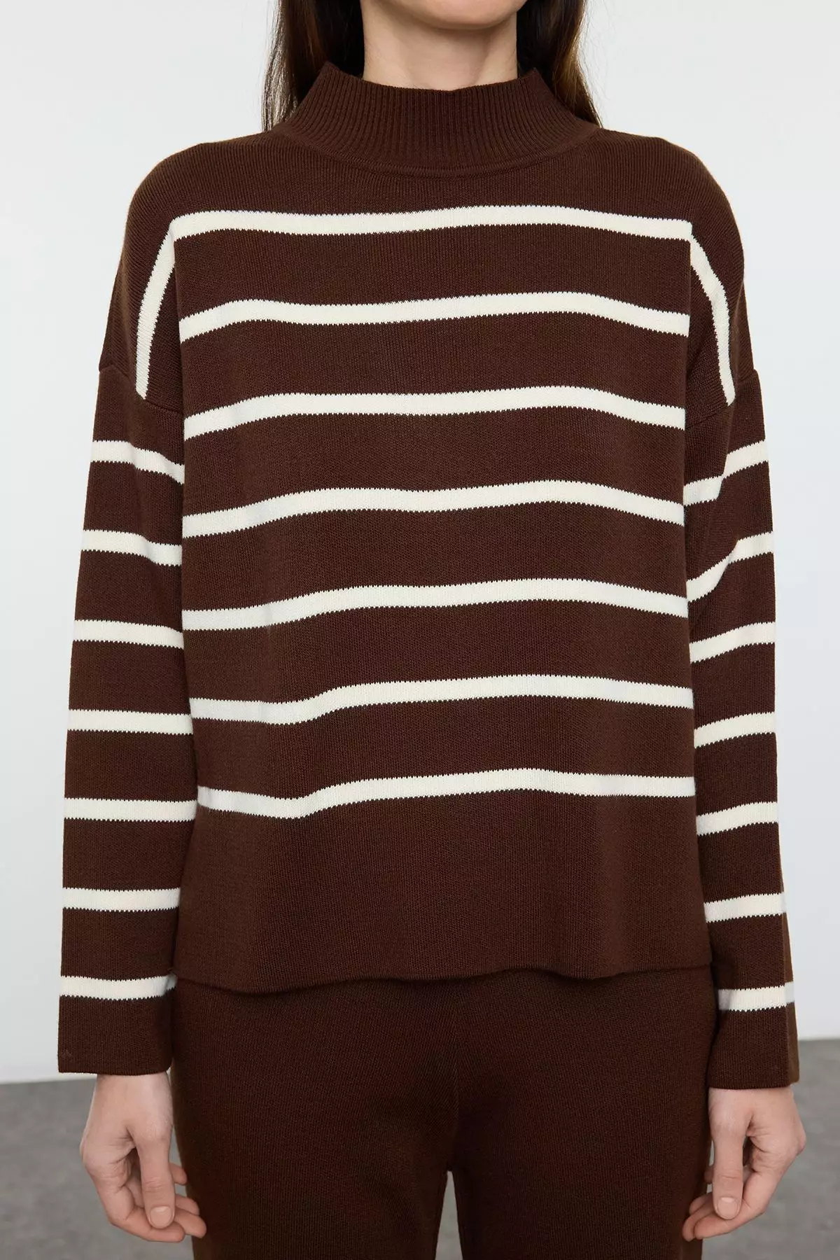 Brown Striped Knitted Trousers Bottom-Top Set Twoaw24Au00045