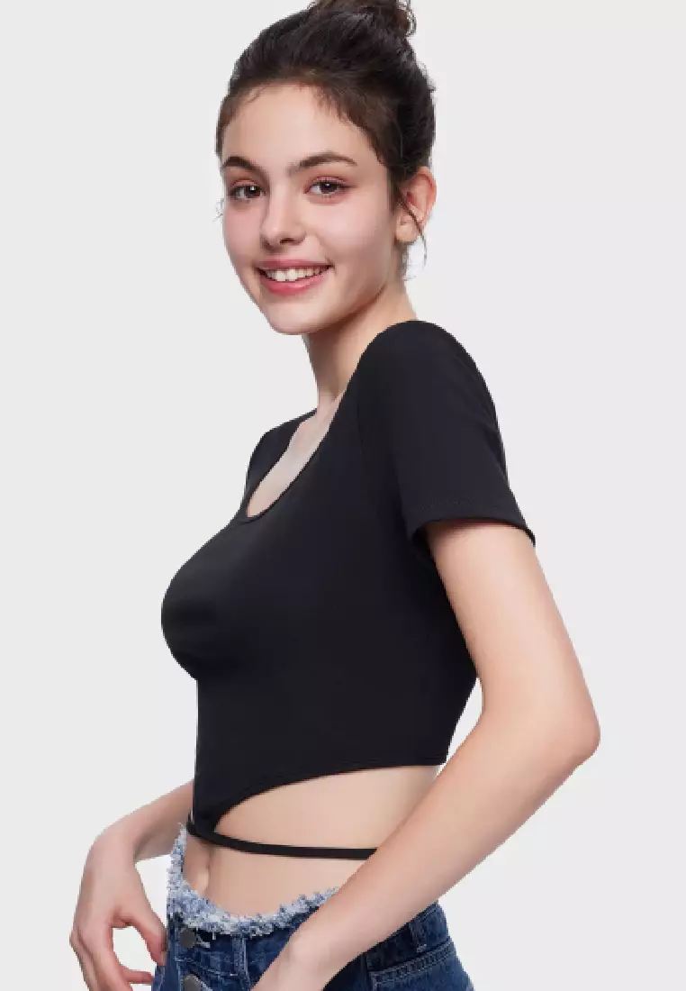 RUBINA SHORT SLEEVE SQUARE NECK CROPPED TEE TRIANGLE-SHAPED CROP TOP FOR WOMAN GIRL TP10382