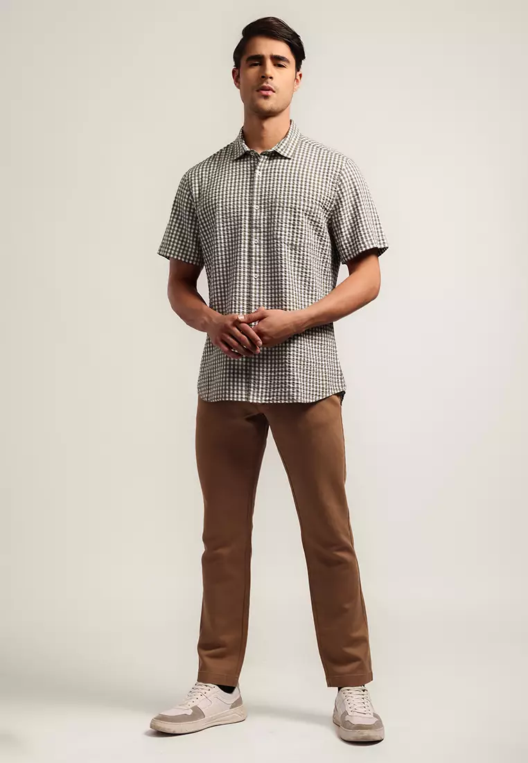 MOC - Kemeja Kotak-kotak Pria Lengan Pendek Brad - Olive