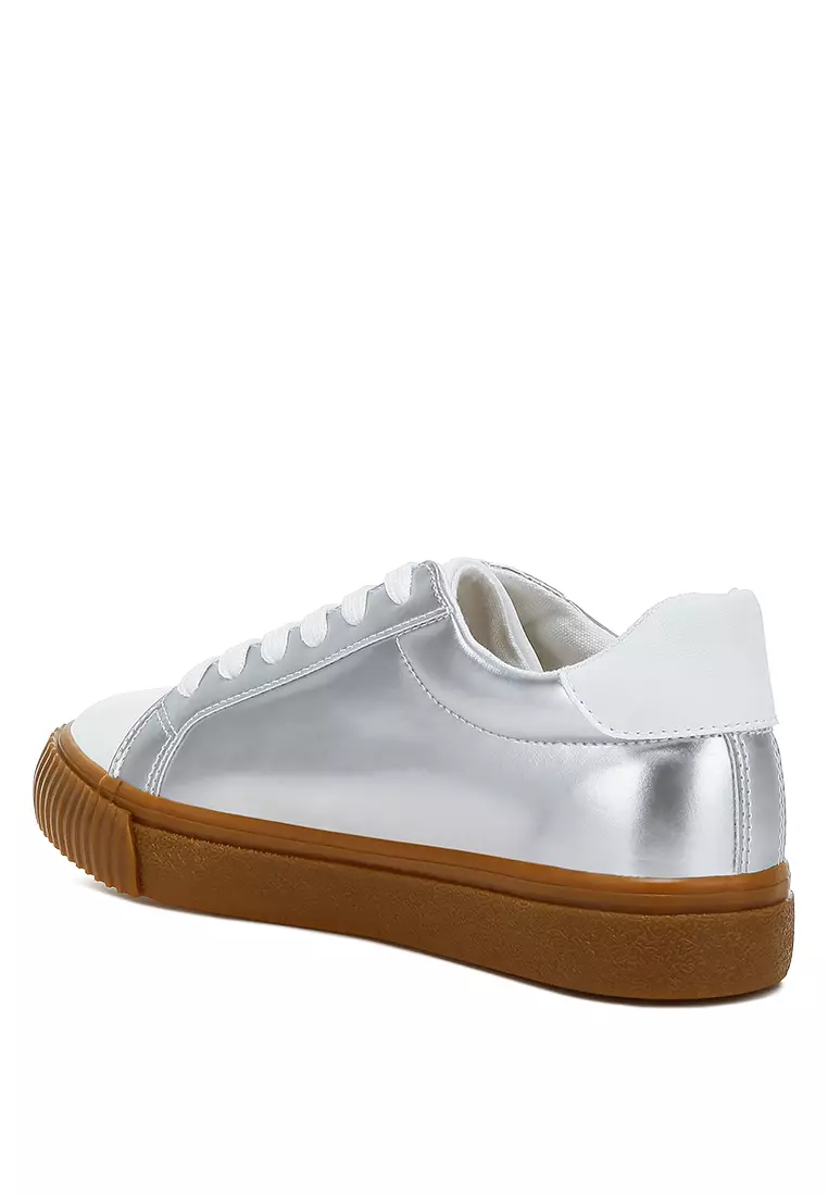 Metallic Faux Leather Star Sneakers in Silver