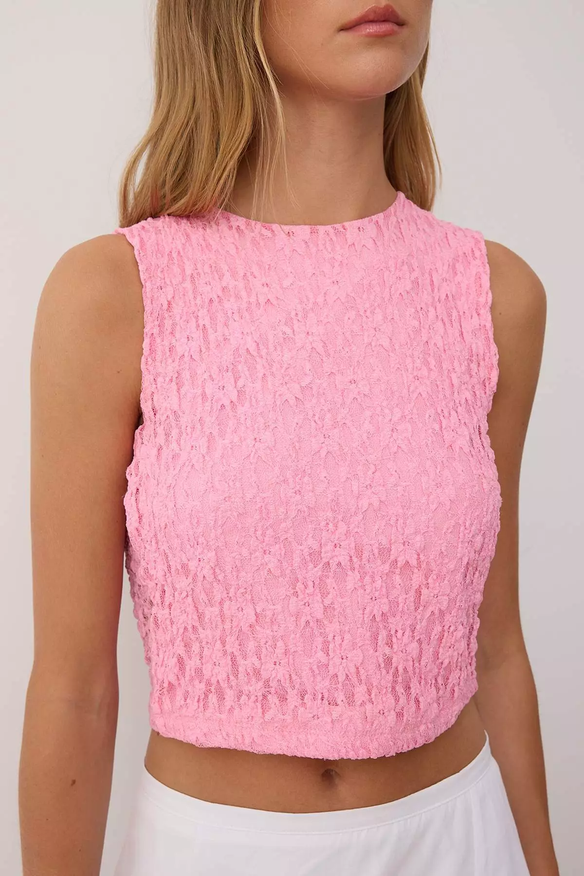 Pink Fitted Bodycon Lace Knitted Blouse