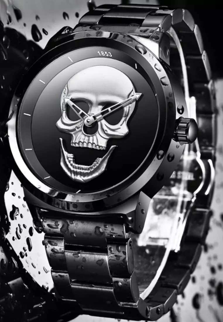 Unisex Skull IP Black Stainless Steel Quartz Watch on IP Black Steel Bracelet