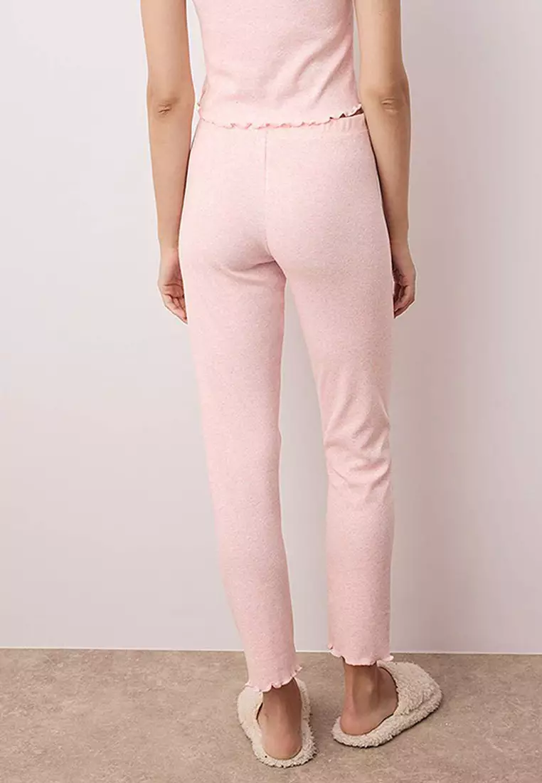 Pink Collar And Baby Overlock Detailed Floral Accessories Ribbed Knitted Pajama Set