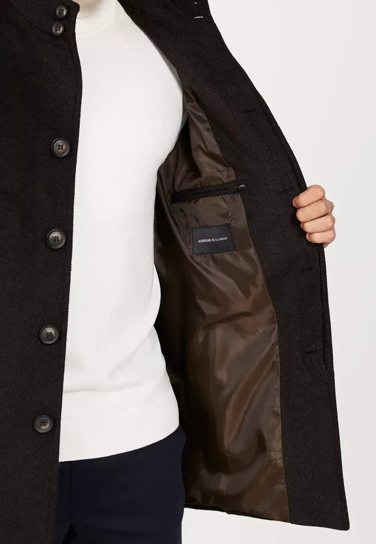 Men's Brown Standard Fit Regular Cut Stand Collar Patterned Woolen Coat