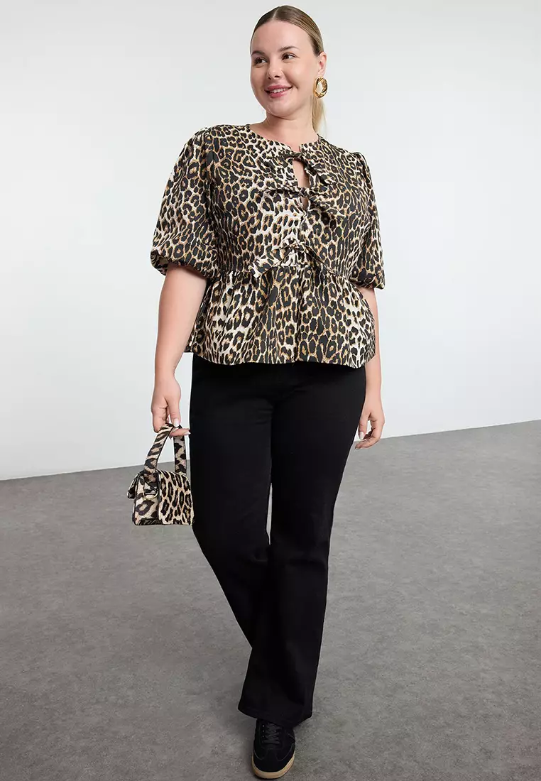 Multicolored Women's Bow Leopard Patterned Woven Plus Size Blouse TBBAW25AF00021