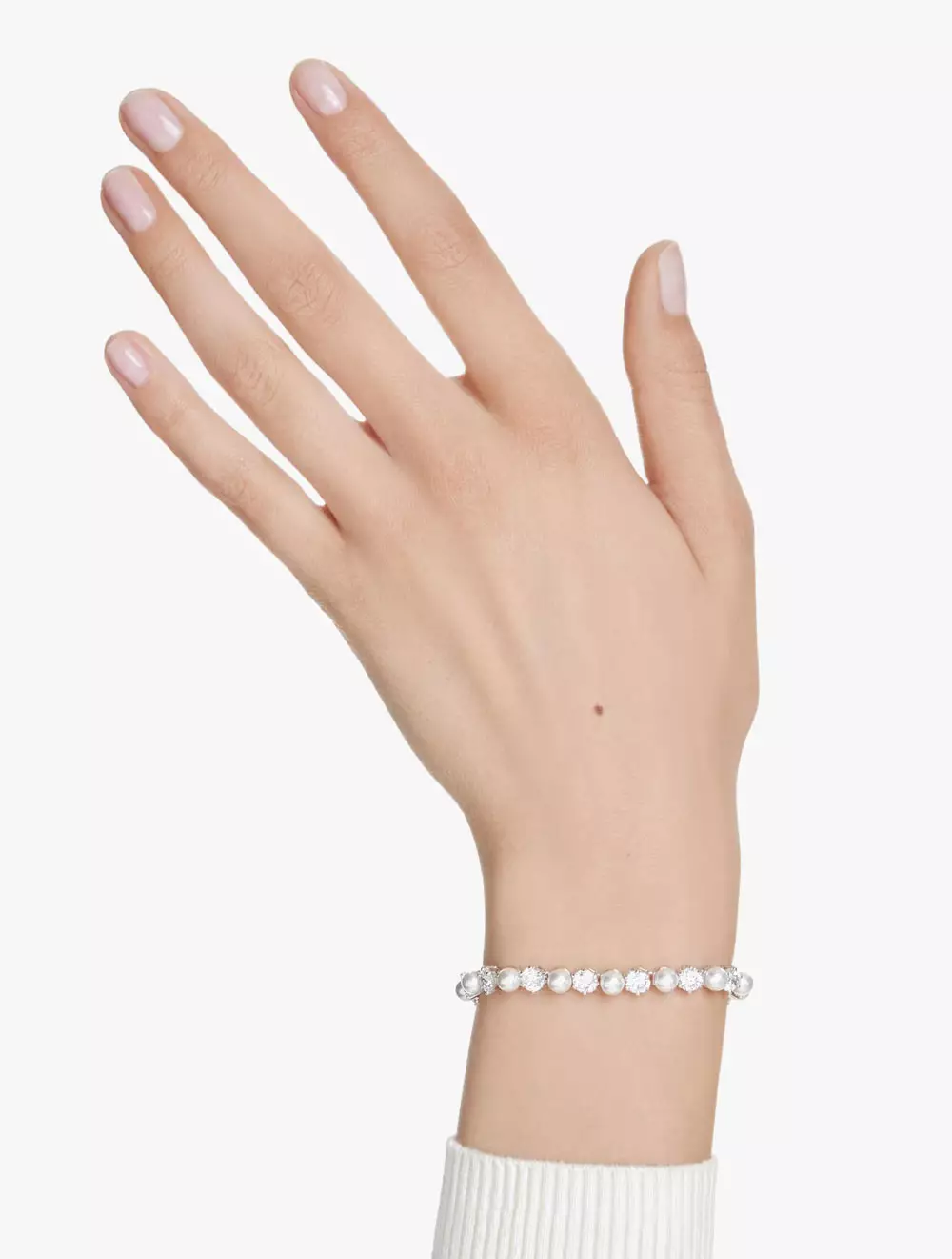 Matrix Tennis bracelet, Crystal pearl, Round cut, White, Rhodium plated - M - WHITE