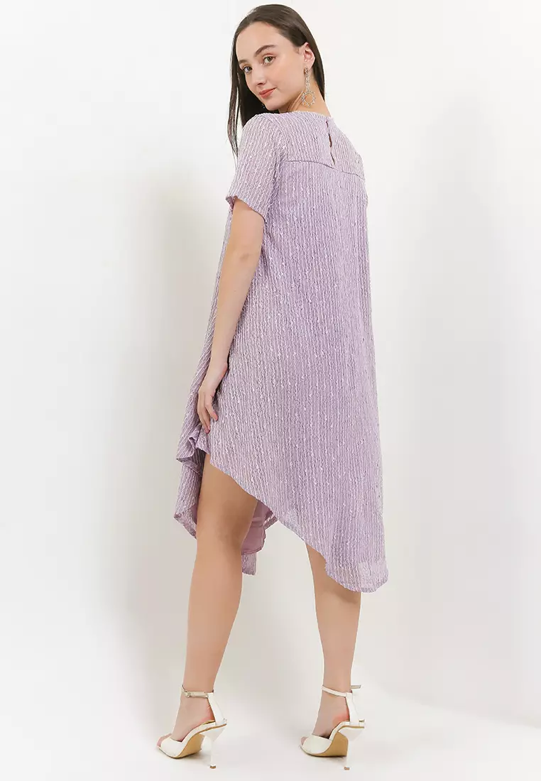 Beaded Neck Hankerchief Hem Sequined Detail Dress