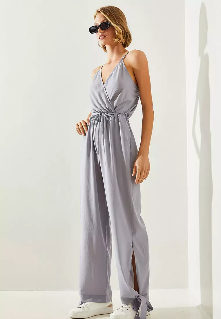 Women's Wrap Collar Detailed Elastic Waist Belted Jumpsuit 21418 60251661