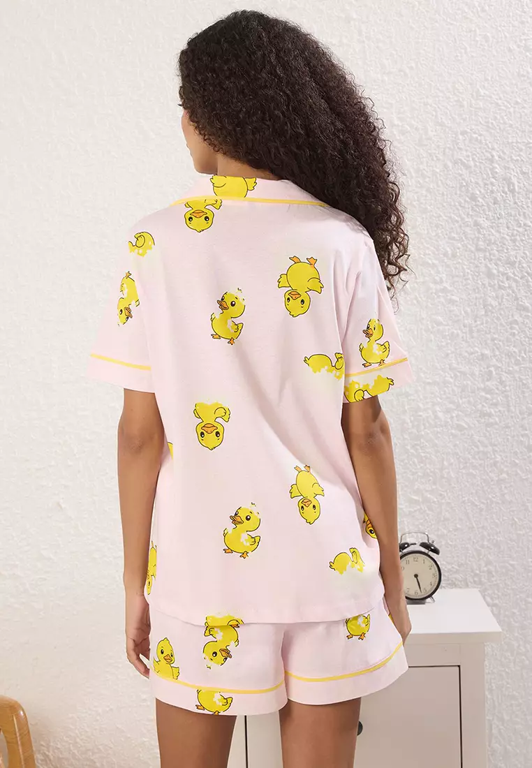Pink 100% Cotton Duck Patterned Piping Shorts Knitted Pajama Set THMSS25PT00300
