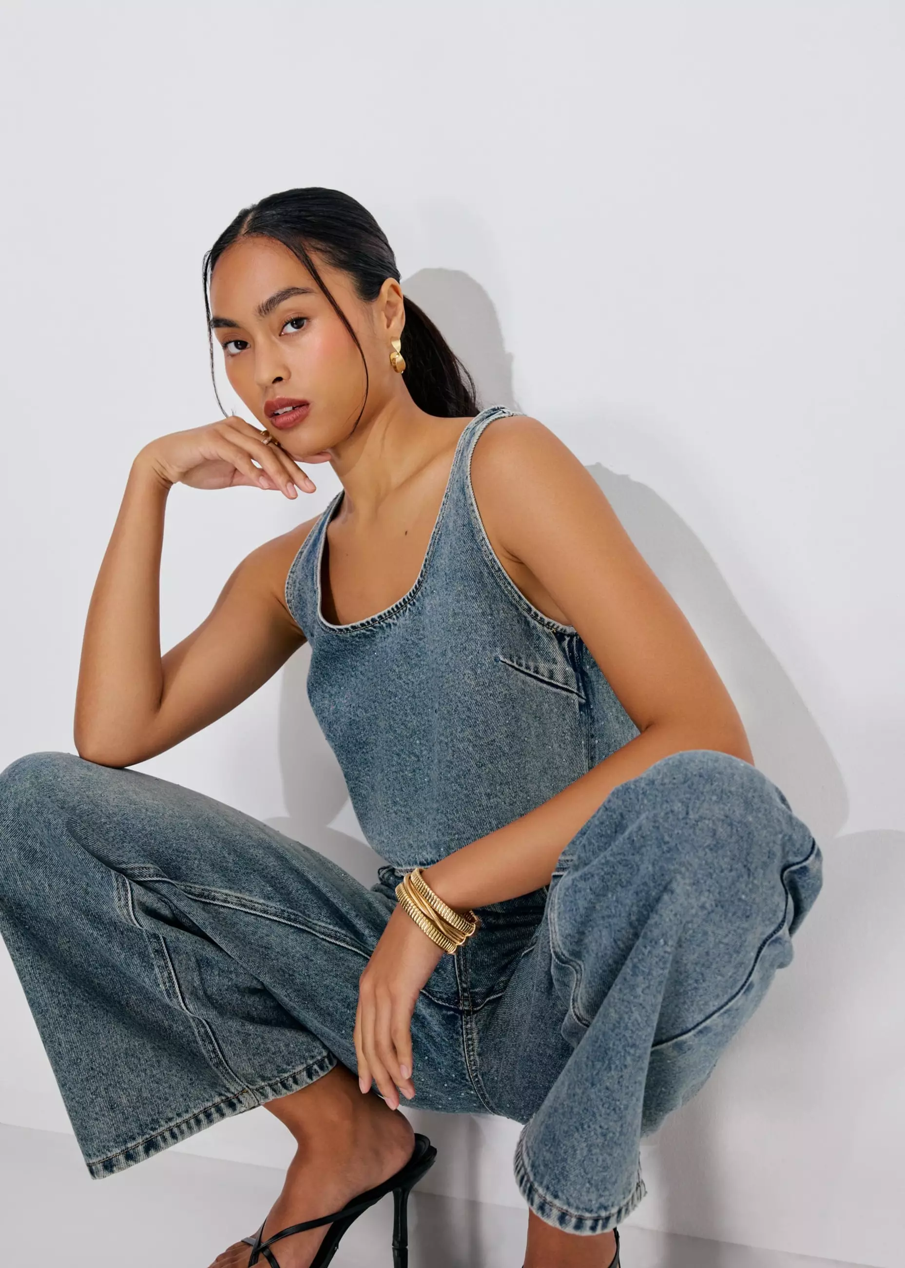 Atasan Wanita - Diamante Denim Scoop Neck Boxy Crop Top
