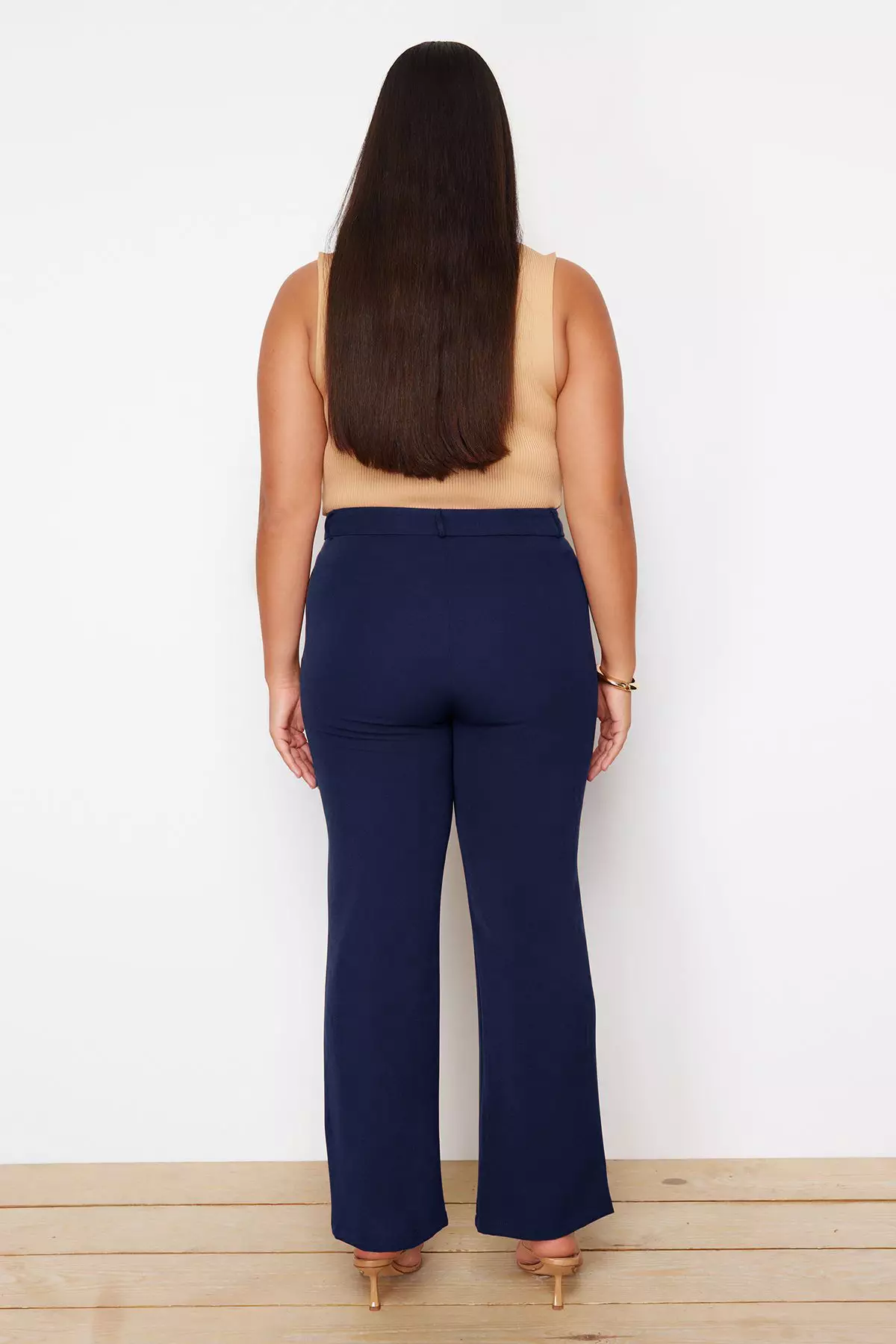 Navy Blue Straight/Straight Cut High Waist Rib Stitching Woven Trousers Tbbss22Pl0301