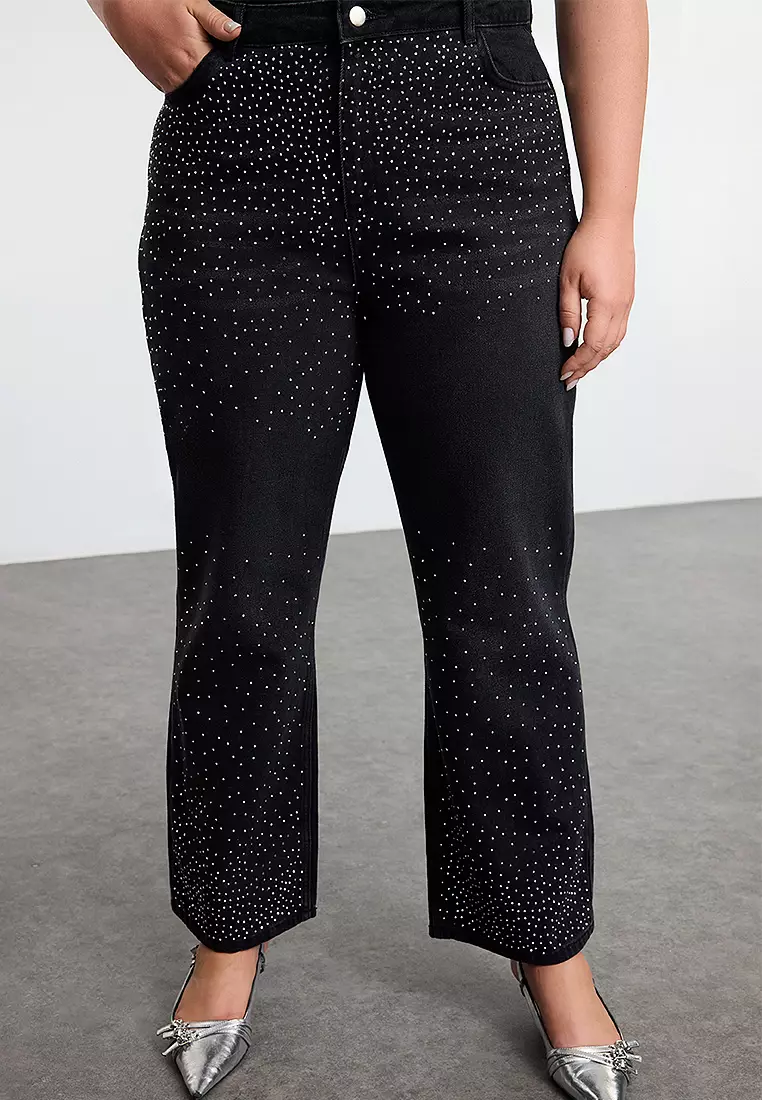 Stoned High Waist Straight Fit Jeans