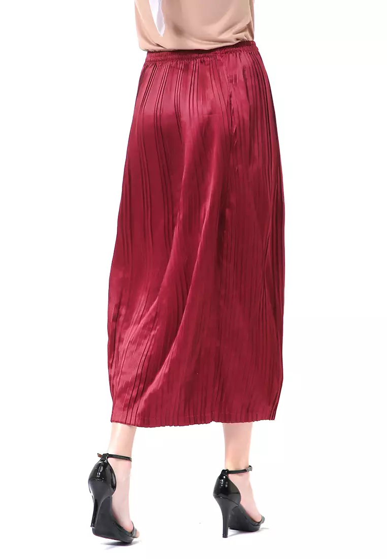 Angely Rok Plisket Rubbery Waist Fashion Wanita Simple - Maroon