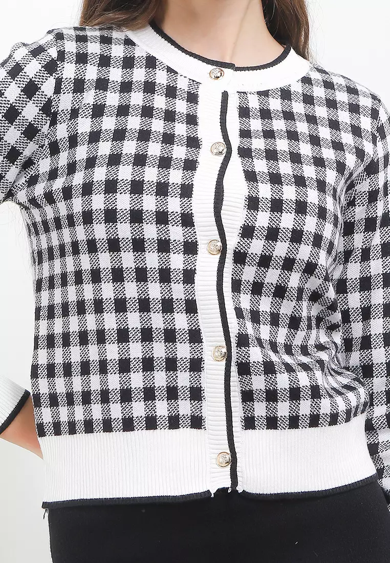 Checkered Knit L/S Cardigan W/ Gold Buttons