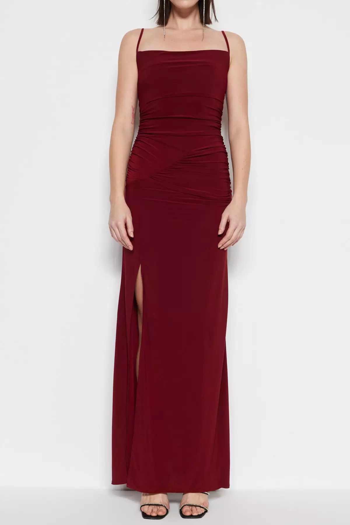 Burgundy Knitted Long Stylish Evening Dress Night Graduation Dress