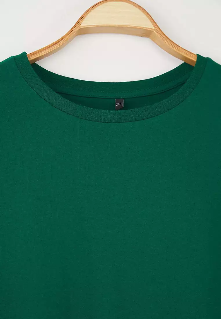 Emerald Green Crew Neck Ruffle Sleeves 100% Cotton Knitted T-Shirt Tbbss23Bf00006