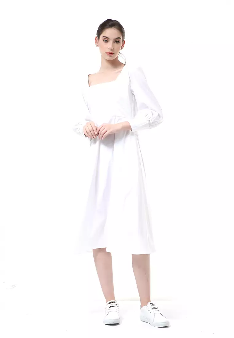 Rachel Midi Dress Wanita Leher Kotak Lengan Panjang Motif Polos Material Cotton ORIGINAL - White