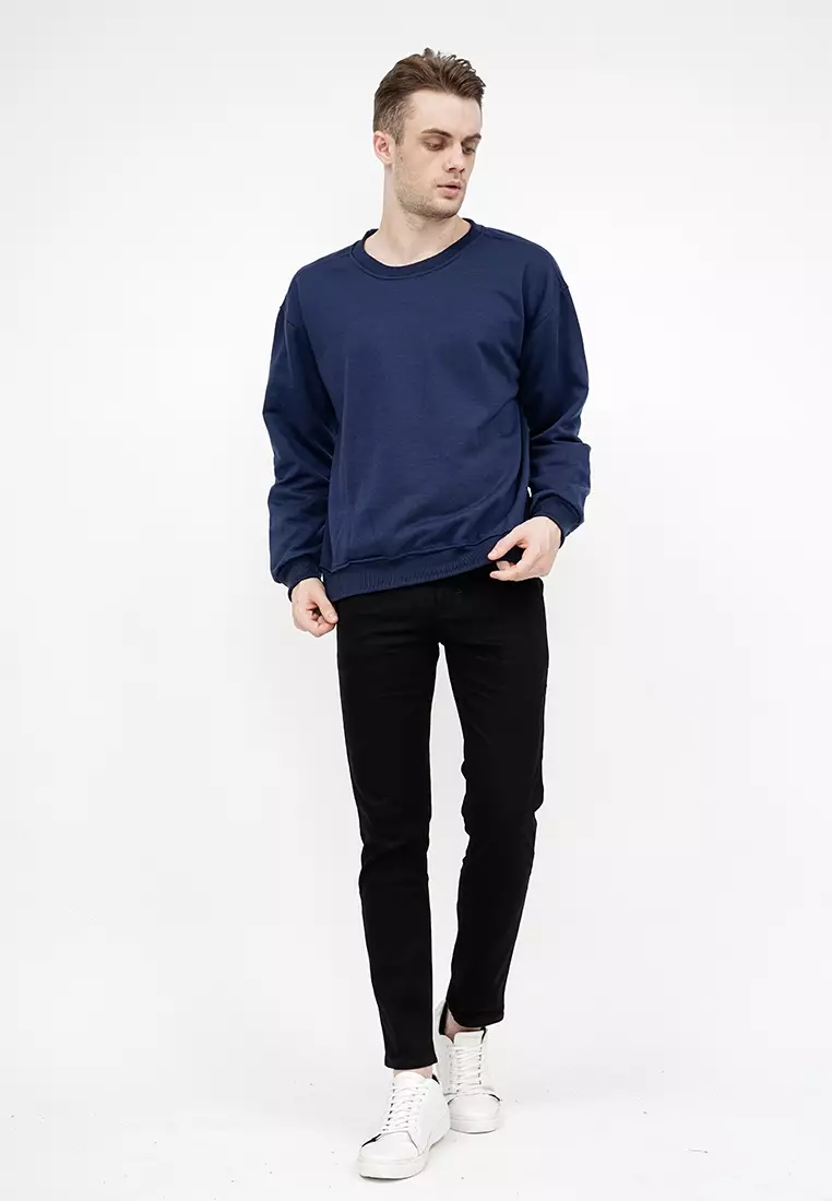 sweater basic lengan panjang baju sweater tebal biru dongker