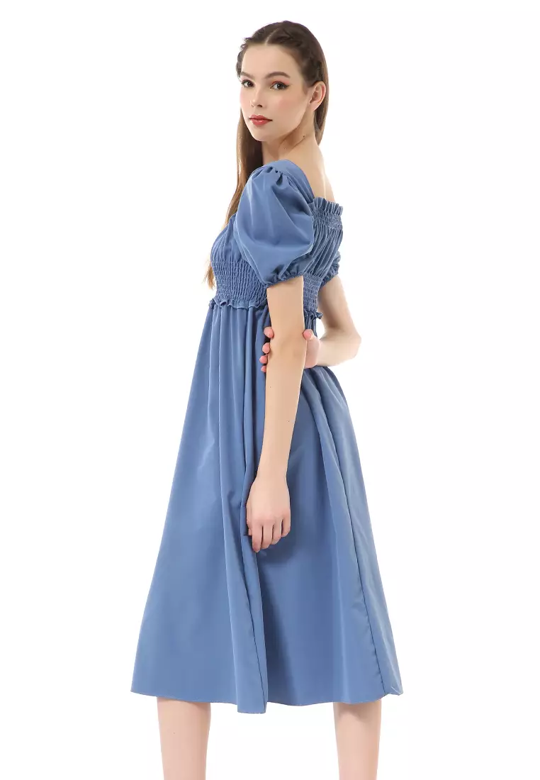 Rachel Dress Retro Wanita Full Karet Short Sleeve Material Cotton ORIGINAL - Blue