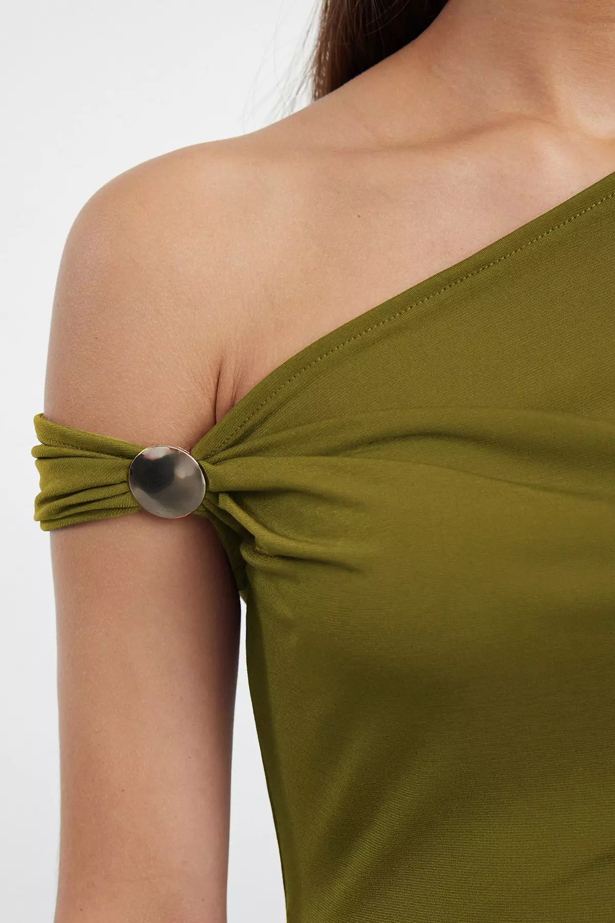 Oil Green Plain Asymmetric Neck Sleeveless Knitted Sandy Stylish/Evening Blouse