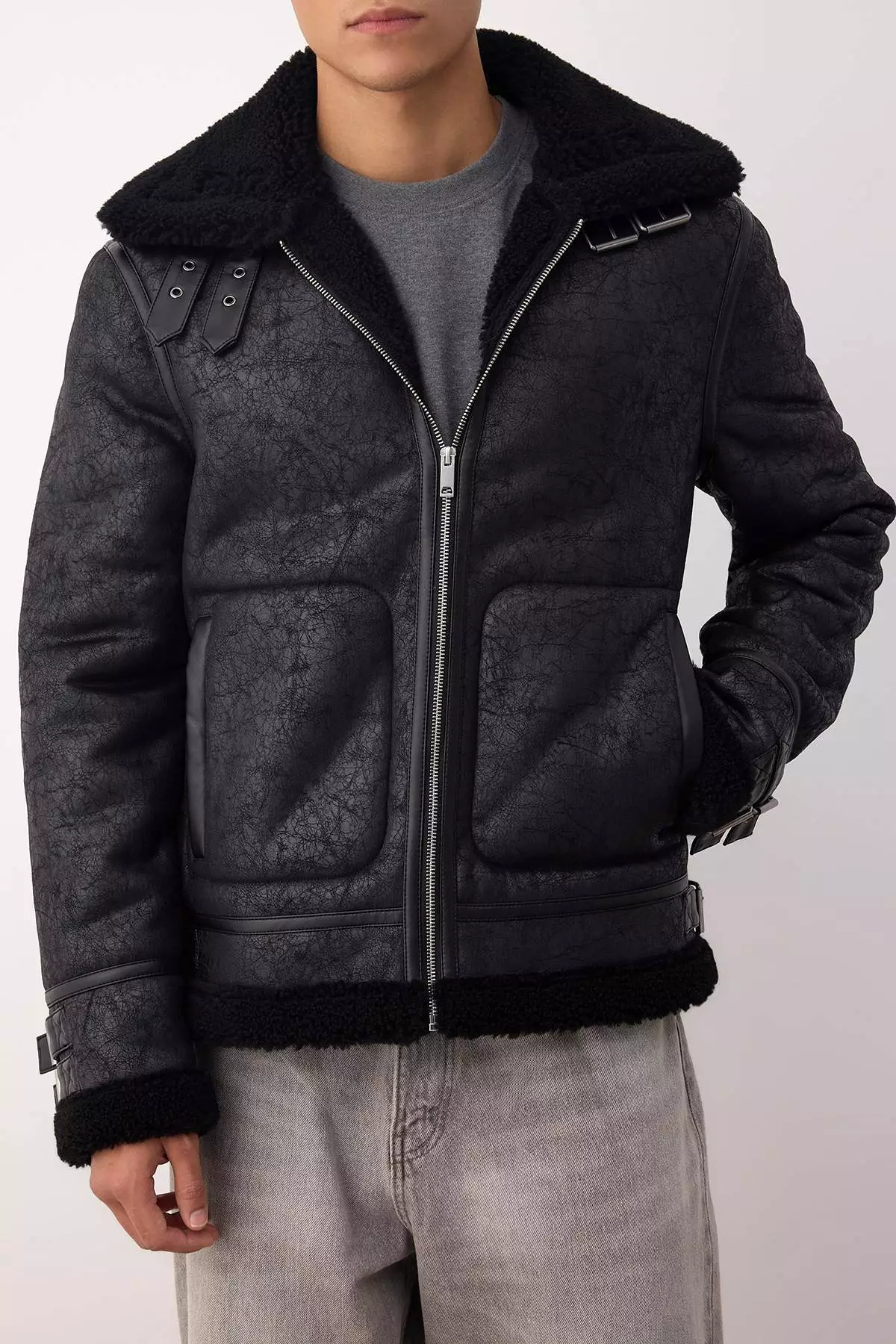 Men'S Black Regular Fit Winter Coat With Fur Lining Tmnaw25Mo00013
