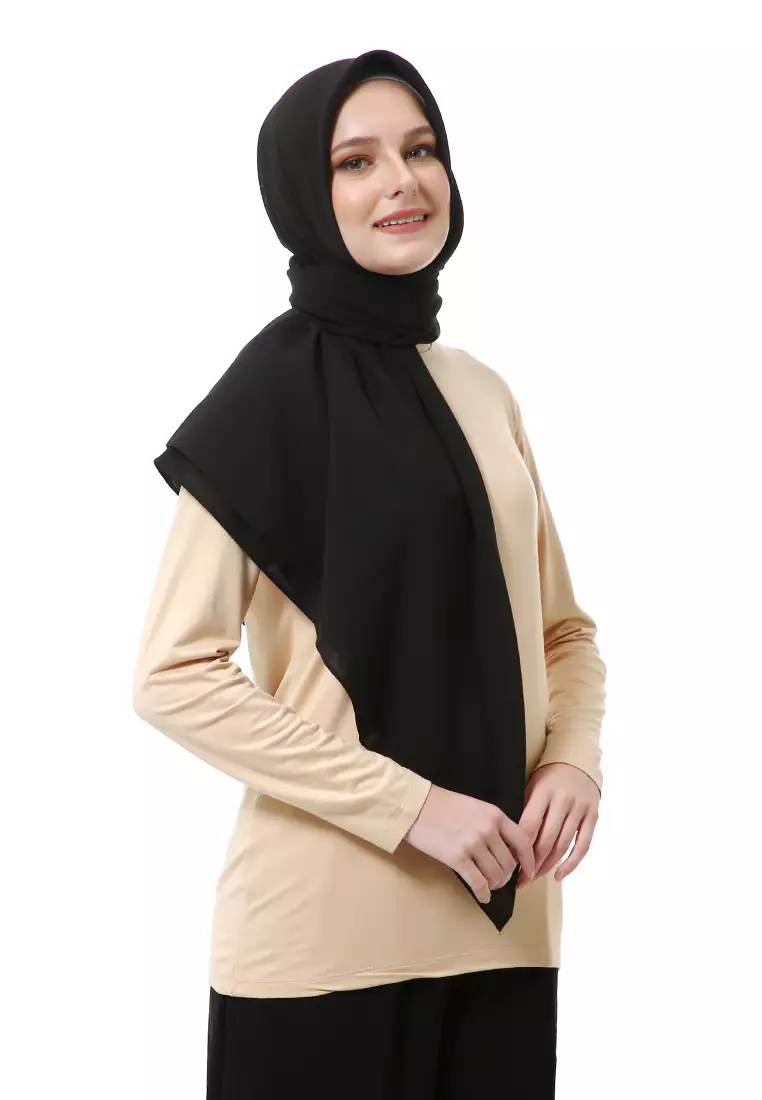 Afshin Jilbab Wanita Segiempat Motif Polos Premium Muslimah - Black