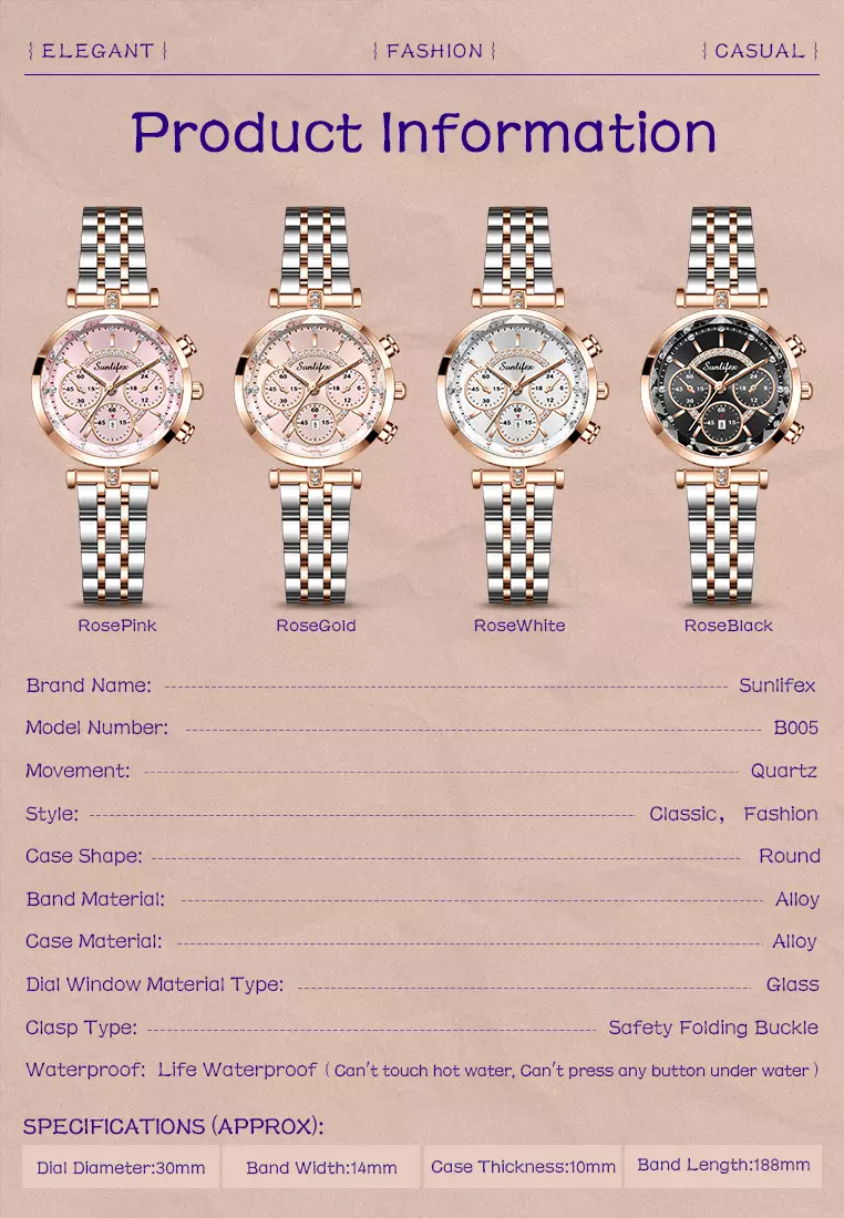 Jam Tangan Wanita Original B005 Kalendar Anti Air Berlian Kuarsa Tali Stainless Steel Jam Tangan Cewek Rosegold