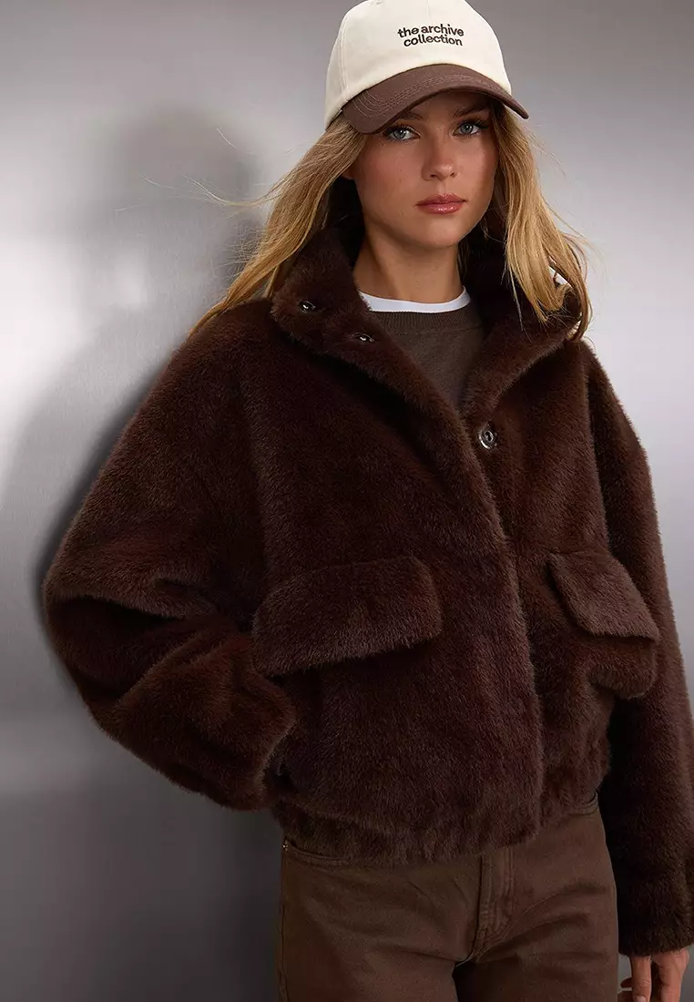 Buy Trendyol Dark Brown Oversize Plush Bomber Coat 2026 Online | ZALORA