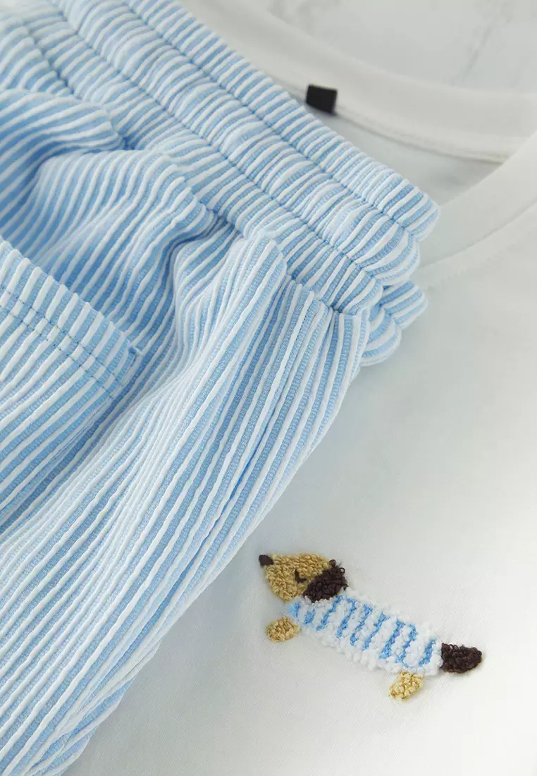 Blue Unisex Ecru Regular Fit Dog Embroidered Striped Knitted Pajama Set TMNSS25PT00007