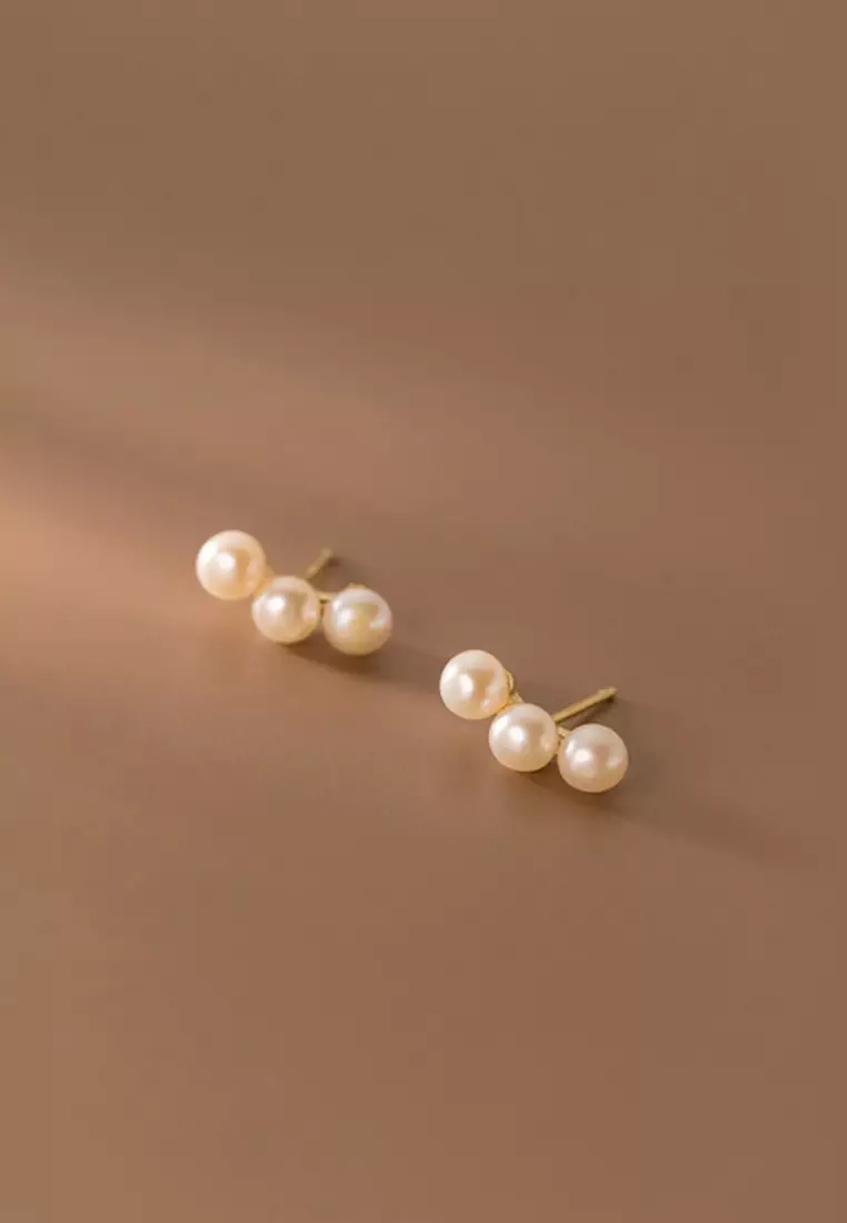 925 Silver Plated Gold Faux Pearl Earrings JW AR-M00892