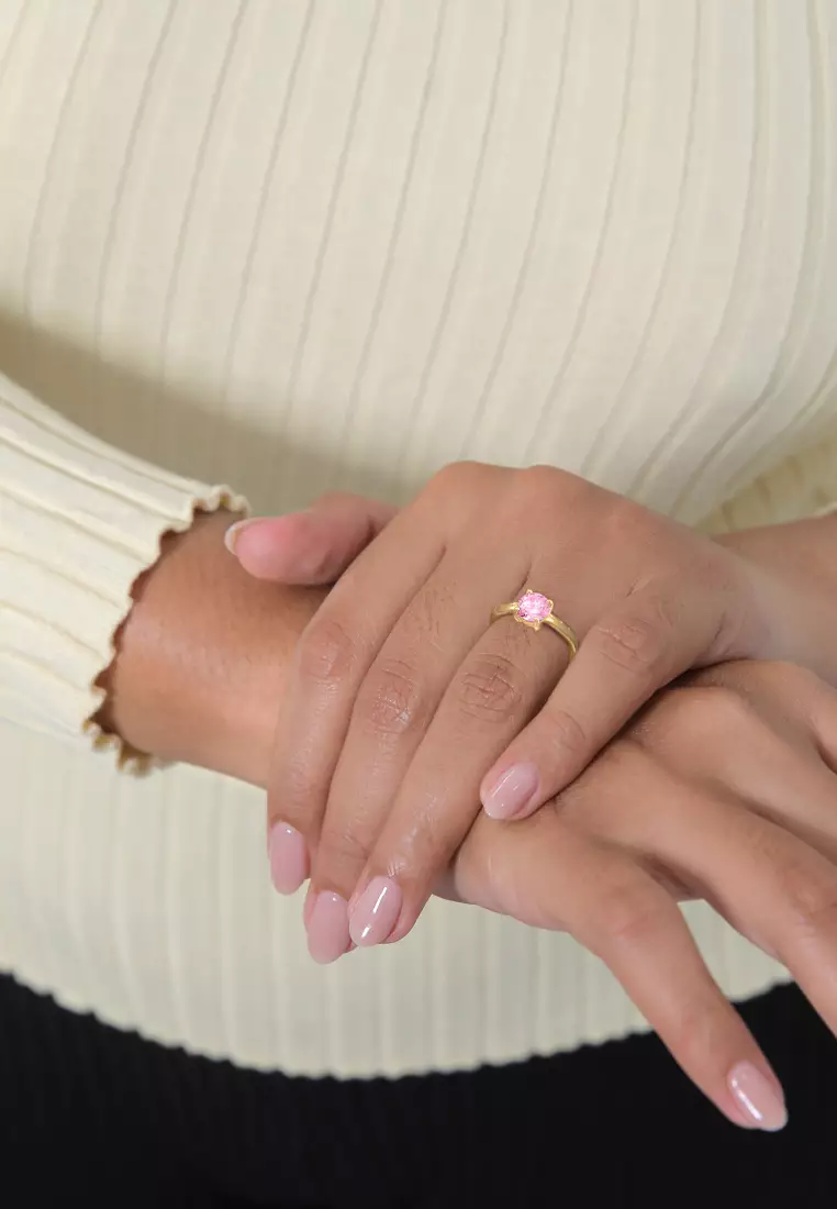 Cincin Perhiasan Perak 925 Wanita Solitaire Classic Zirconia Crystal Pink Gold Plated