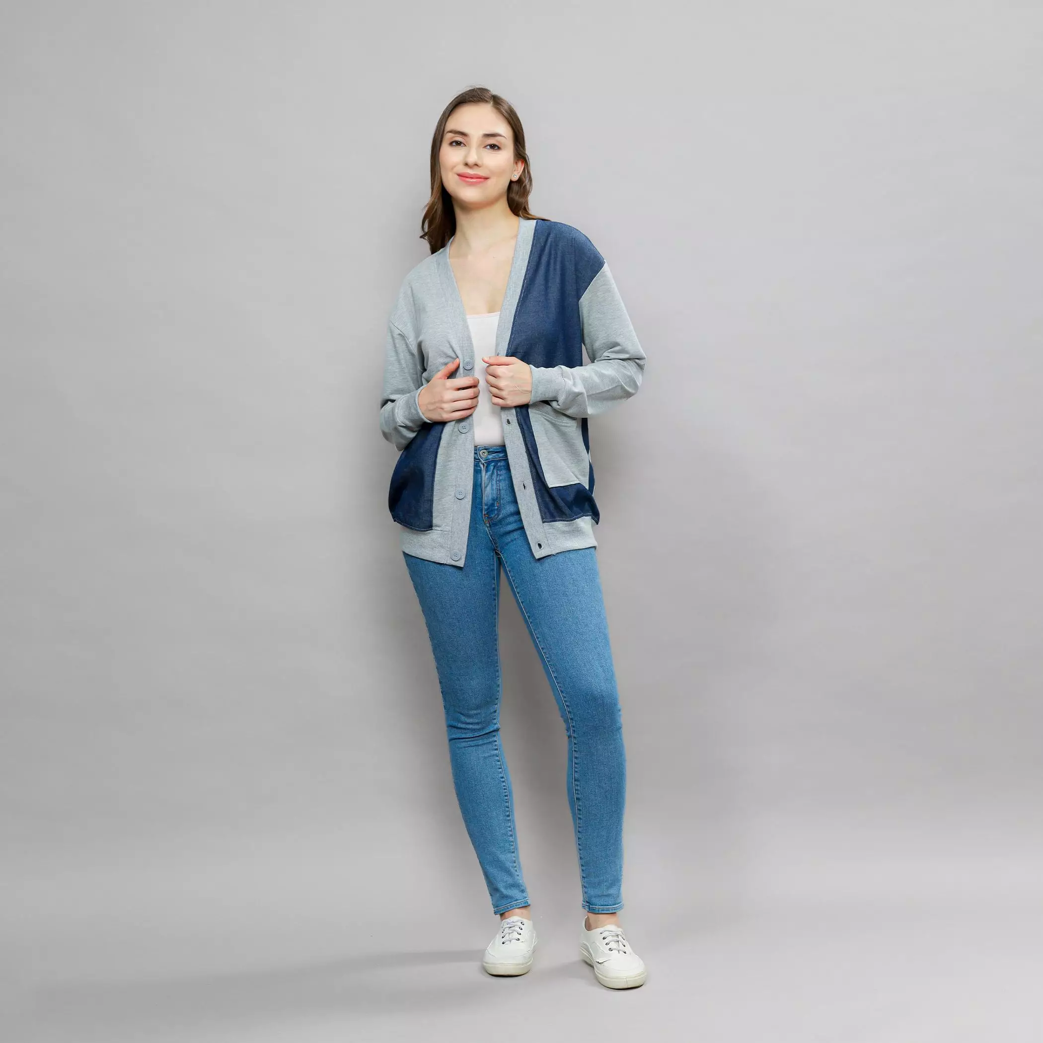Enough For Today - Sweater Cardigan Motif Jeans Blue Denim Abu Misty Bahan Katun Babyterry Outer Denim Wanita Jaket Blazer