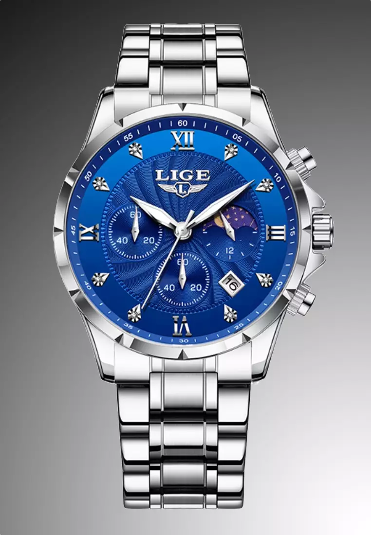 Chronograph Unisex Stainless Steel Quartz Watch, Blue dial, on Steel Bracelet