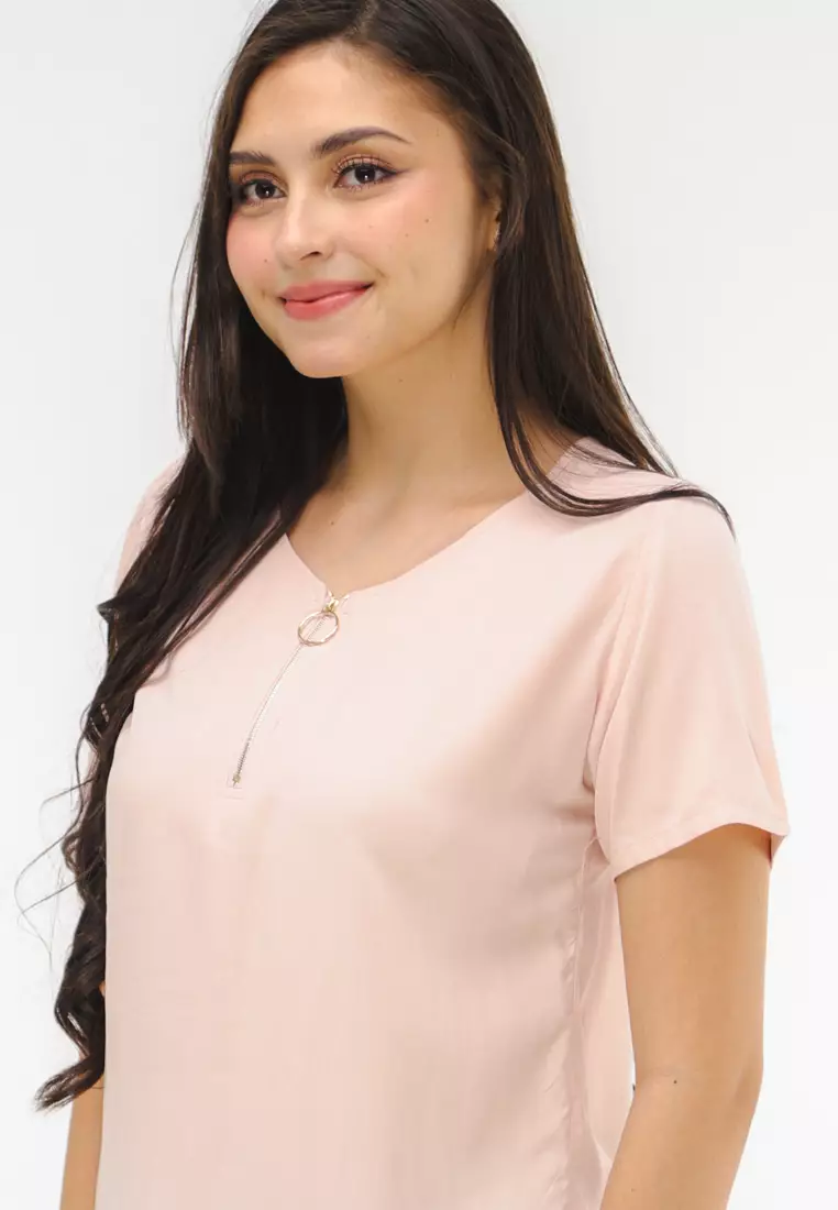 Woven Plain Rayon Short Sleeves Blouse