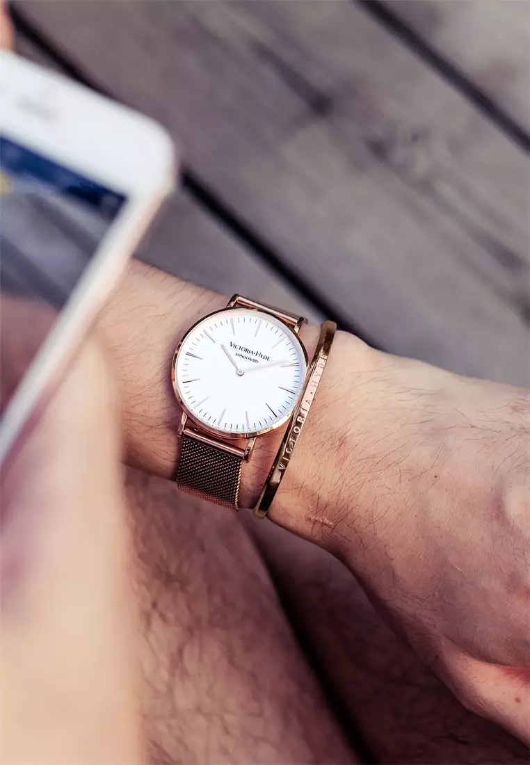 中性休闲表 男女通用 現代風格 38mm白色圓形表盤不鏽鋼網狀表帶-玫瑰金