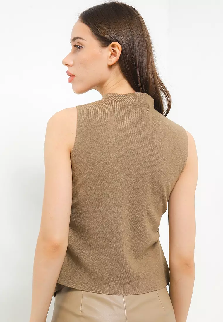 Side Gathered Mock Neck Knit Tank Top W/ Rhinestone