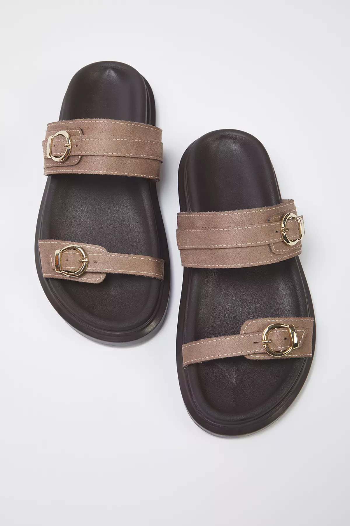 Mink Double Buckle Brown Thick Sole Women's Slippers Takaw25Te00009