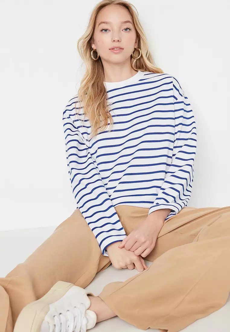 Striped Oversize/Wide-Fit Crew Neck Thin Knitted Sweatshirt
