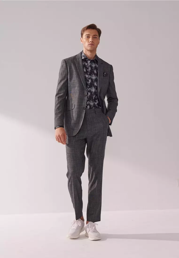 深灰紋理修身西裝外套