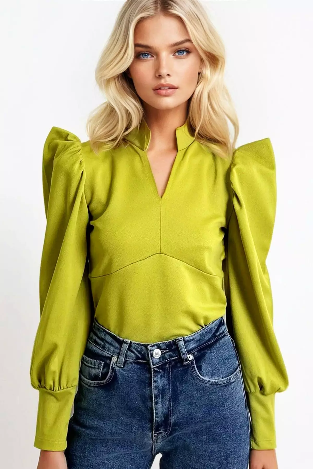 Women's Oil Green Prevailing Collar Princess Sleeve Woven Crop Blouse Alc-X9659