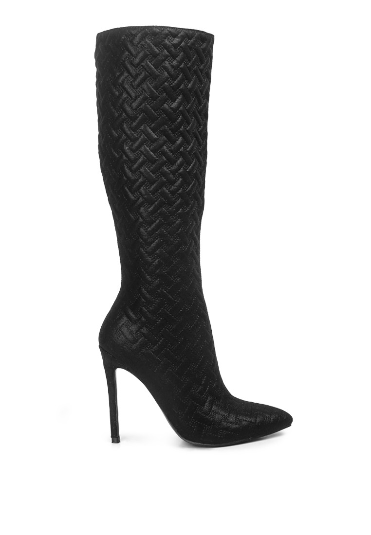 Black tinkles quilted high heeled calf boots