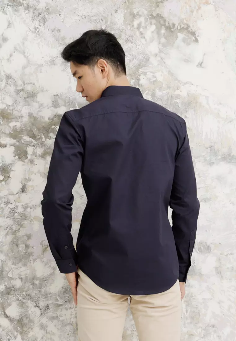 Kemeja tangan panjang Collarless koko cotton oxcon Navy