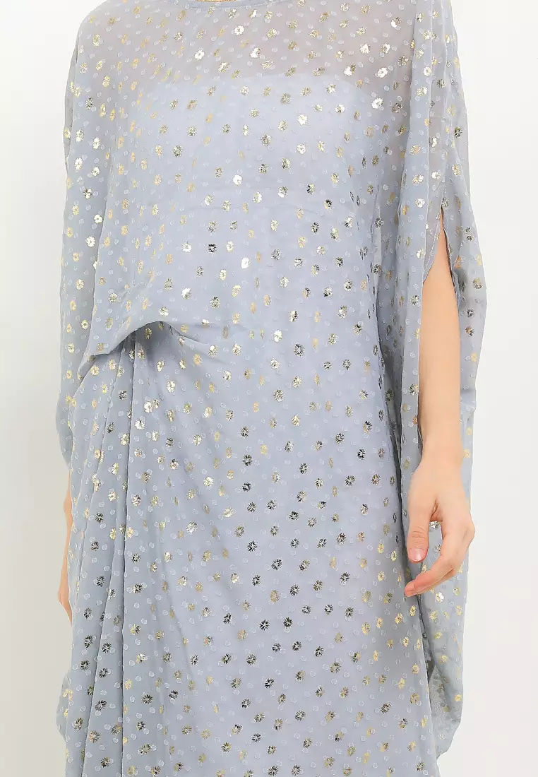 Beaded Neckline Gold Print Swissdot Chiffon Ruched Kaftan