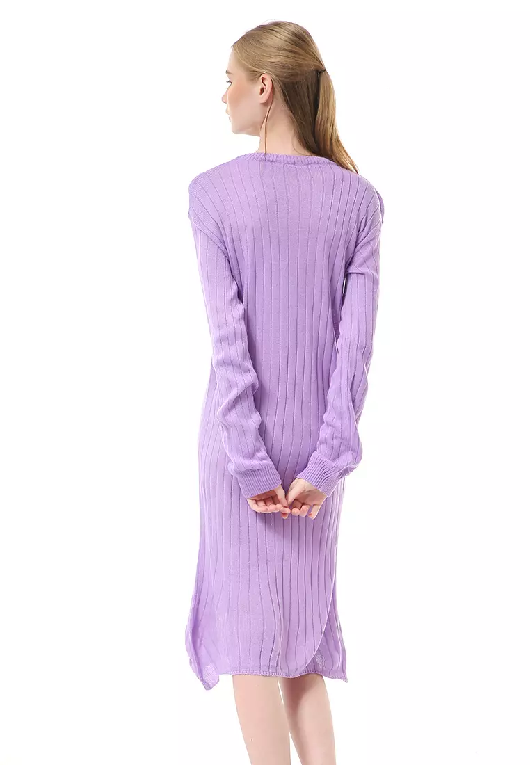 Adela Dress Rajut Tunik Wanita Motif Polos Long Sleeve Relaxed Fit - Lilac