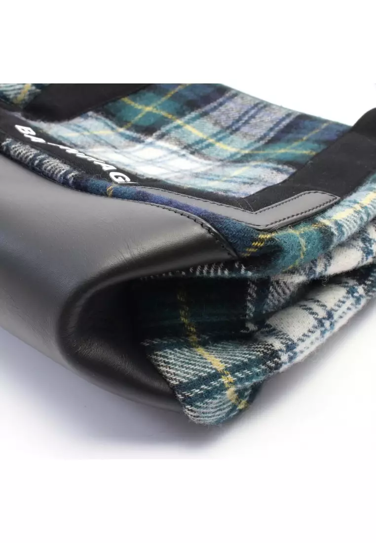 Pre-Loved BALENCIAGA NAVY CABAS S navy hippopotamus Handbag tote bag wool leather green black multicolor